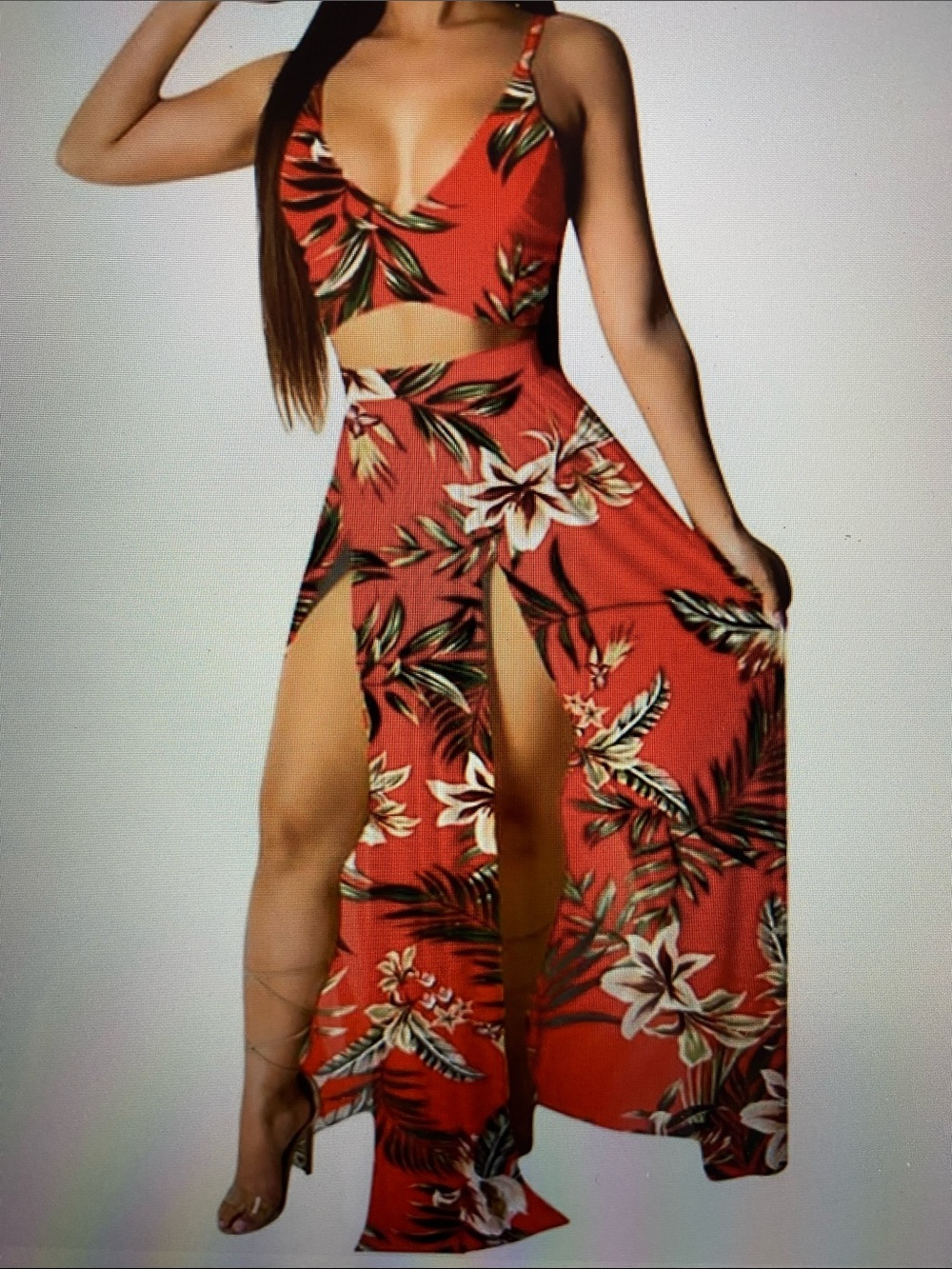 Women’s Chiffon Bohemian Floral Print 2 Piece Crop Cami Top Split Maxi Skirt S